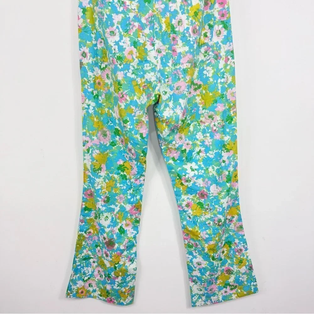 Zara Colorful Floral Retro Inspired Linen Blend High Rise Cropped Ankle Pants